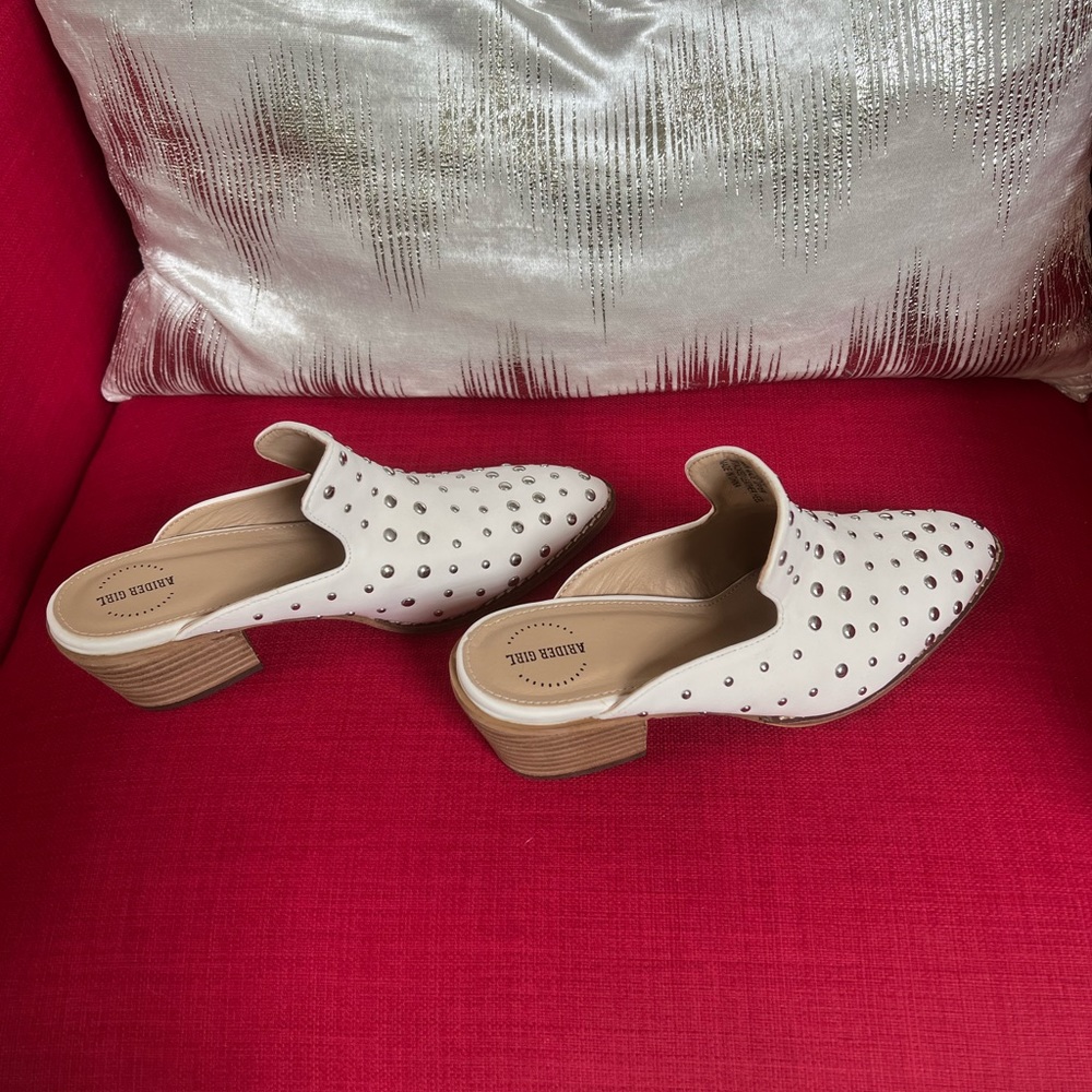 White leather silver studded mules. 2in heel.